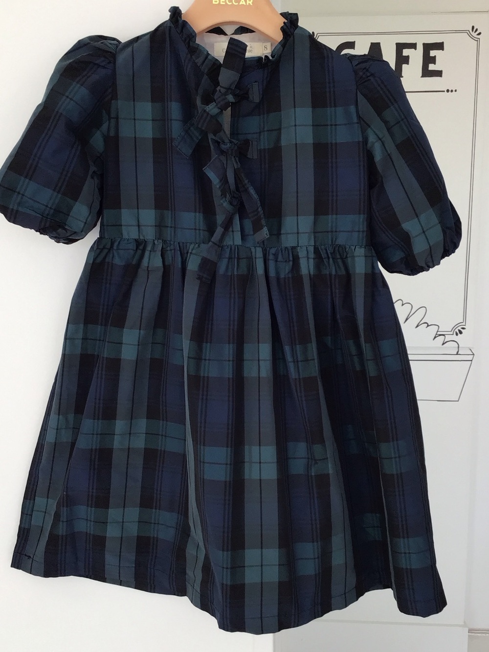 Girls' Navy & Green Plaid Tie-Front Puff Sleeve Dress